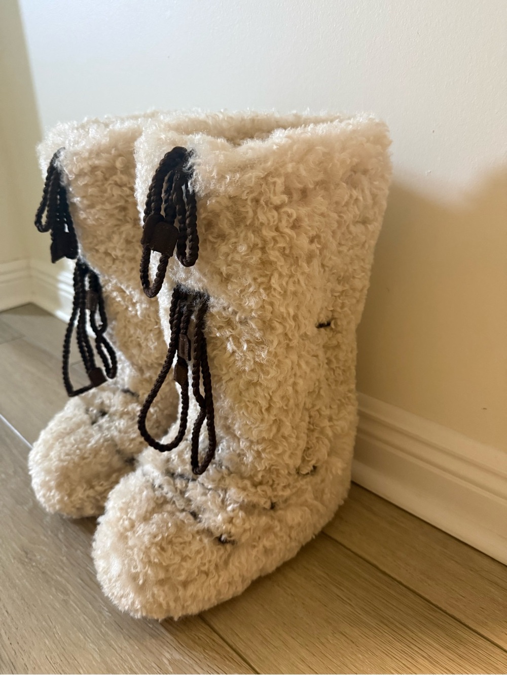 Moon Boot Cream Faux Shearling Winter Boots with Dark Toggle Laces